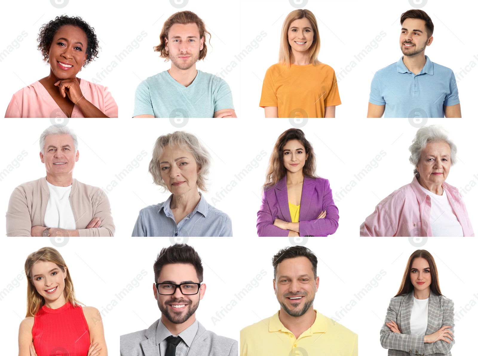 Image of Collage with photos of happy attractive people on white background