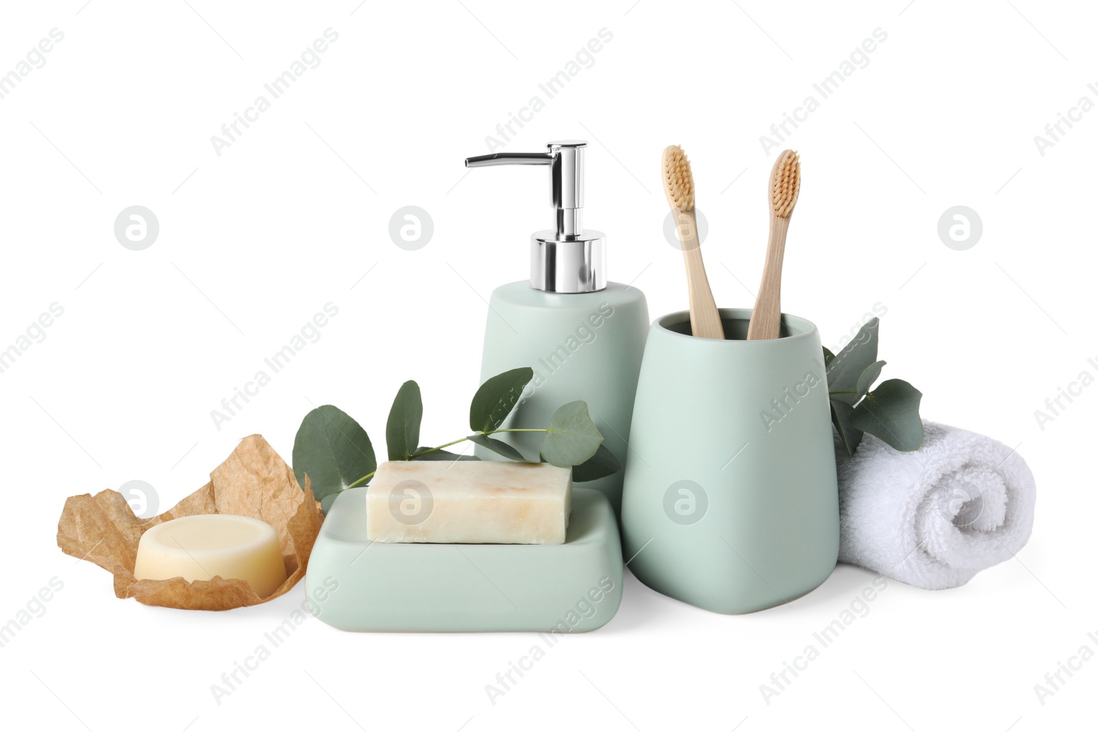 Photo of Bath accessories. Set of different personal care products and eucalyptus leaves isolated on white