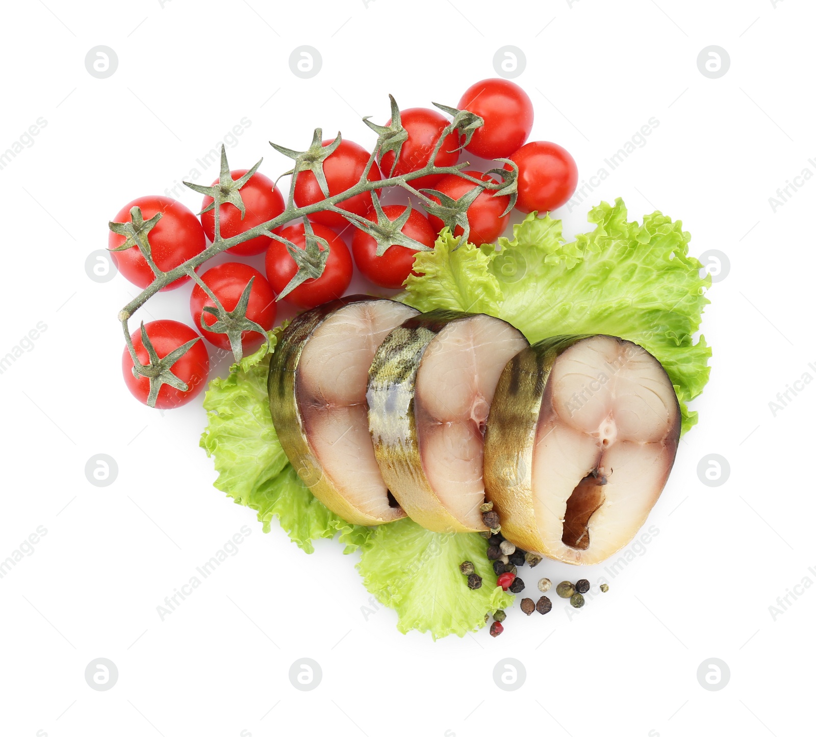 Photo of Slices of tasty smoked mackerel with tomatoes, lettuce and peppercorns on white background, top view