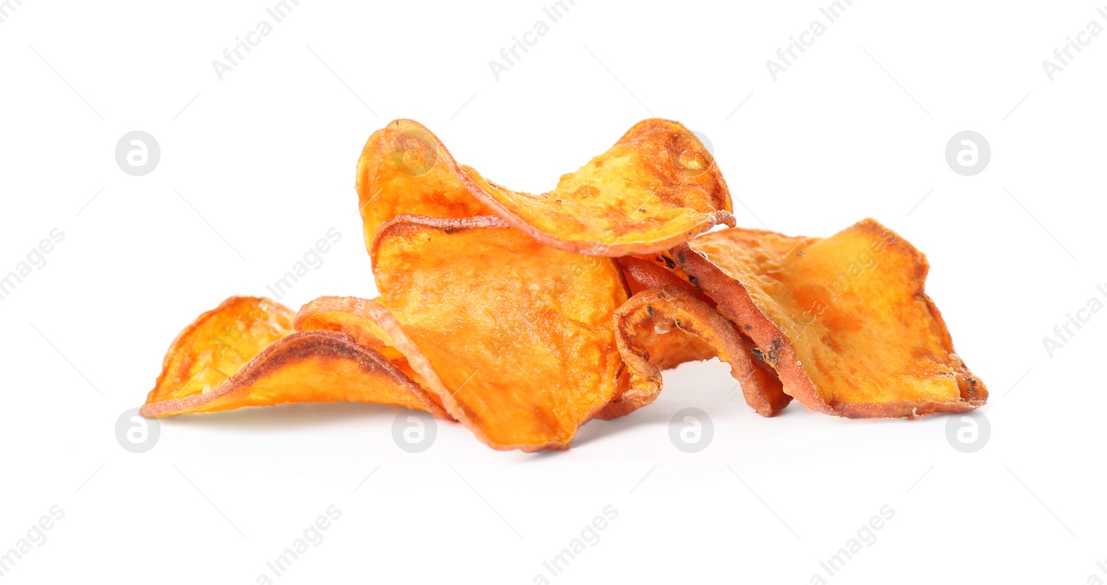 Photo of Pile of sweet potato chips isolated on white