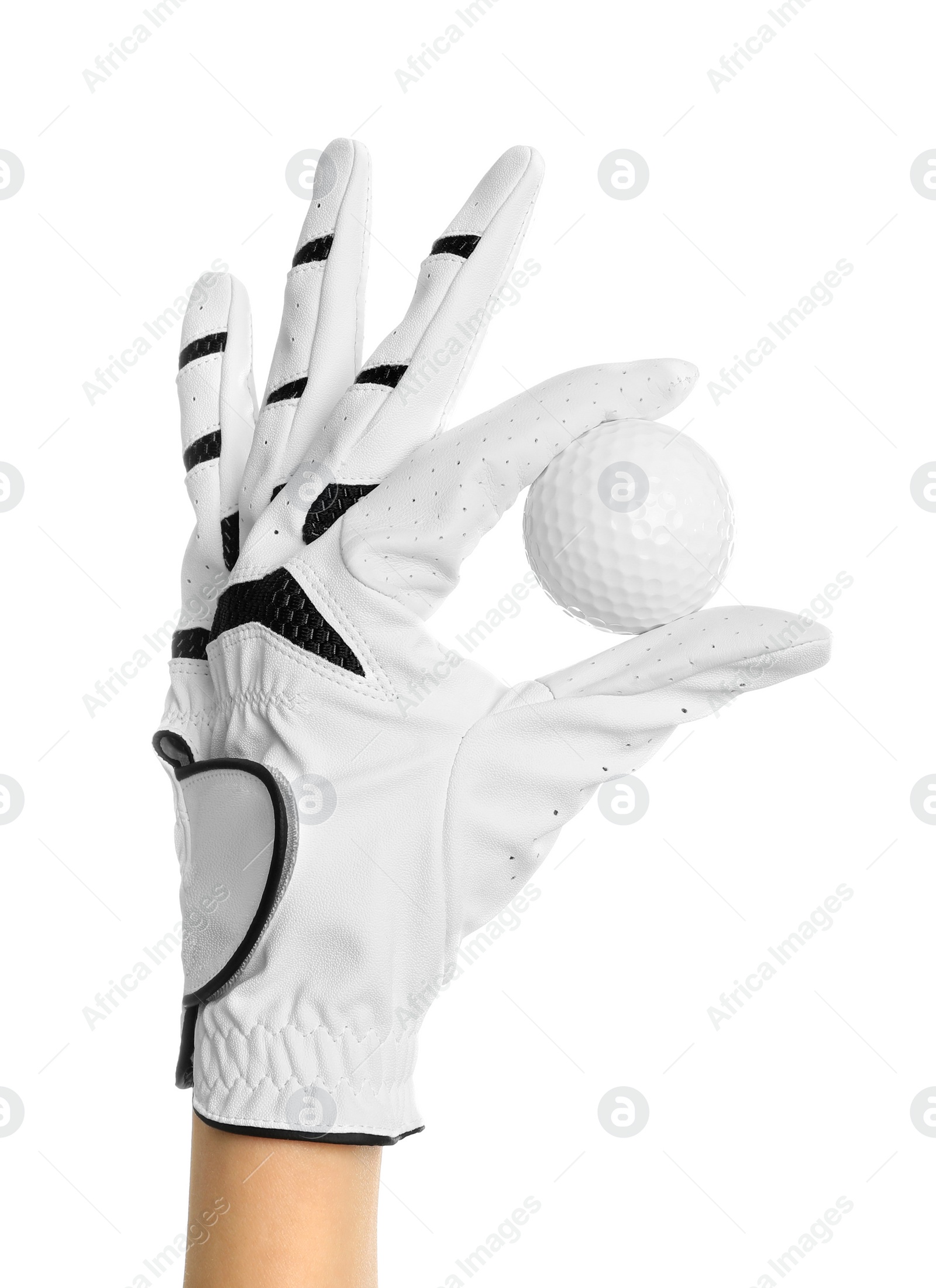 Photo of Woman holding golf ball on white background, closeup