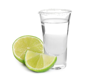 Photo of Mexican Tequila shot with salt and lime isolated on white