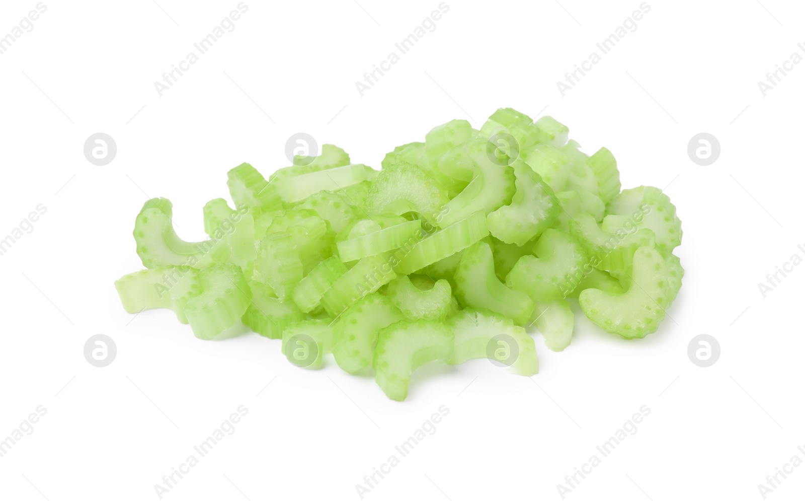 Photo of Heap of fresh cut celery isolated on white