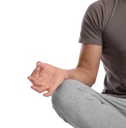 Photo of Man meditating on white background, closeup. Harmony and zen