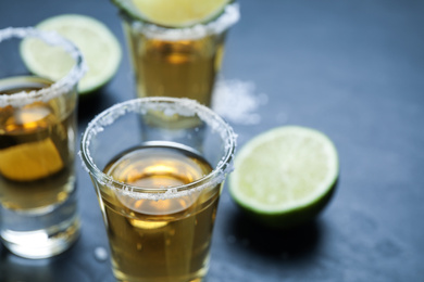 Photo of Mexican Tequila shots with salt and lime slices on grey table, closeup