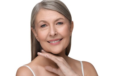 Photo of Beautiful mature woman with healthy skin on white background