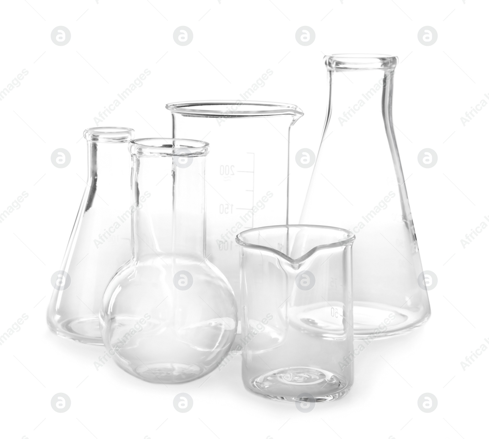 Photo of Empty flasks on white background. Laboratory analysis equipment