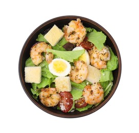 Delicious Caesar salad with shrimps isolated on white, top view