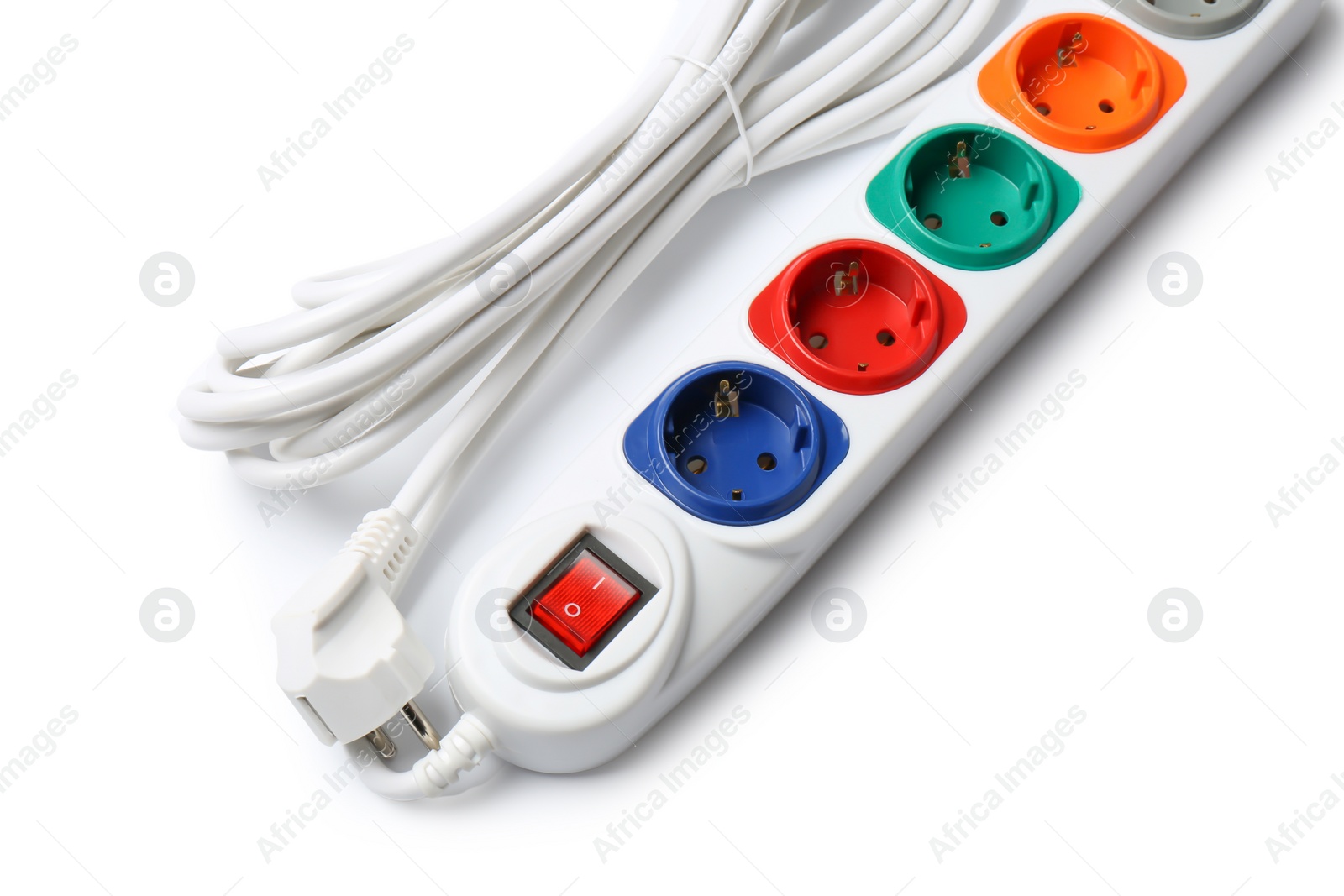 Photo of Extension cord on white background. Electrician's professional equipment