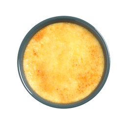Photo of Delicious creme brulee in ceramic ramekin isolated on white, top view