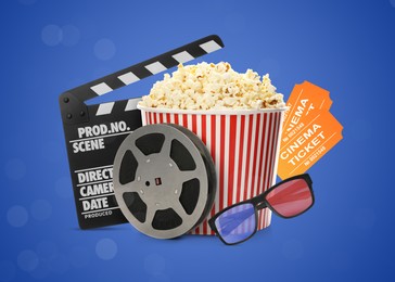 Image of Movie clapper, tickets, pop corn, 3D glasses and film reel on blue background. Collage design
