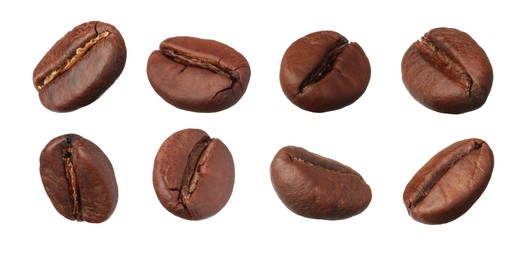 Image of Set with aromatic roasted coffee beans on white background. Banner design