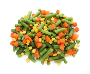 Mix of fresh vegetables on white background, top view