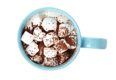 Photo of Cup of chocolate milk with marshmallows isolated on white, top view