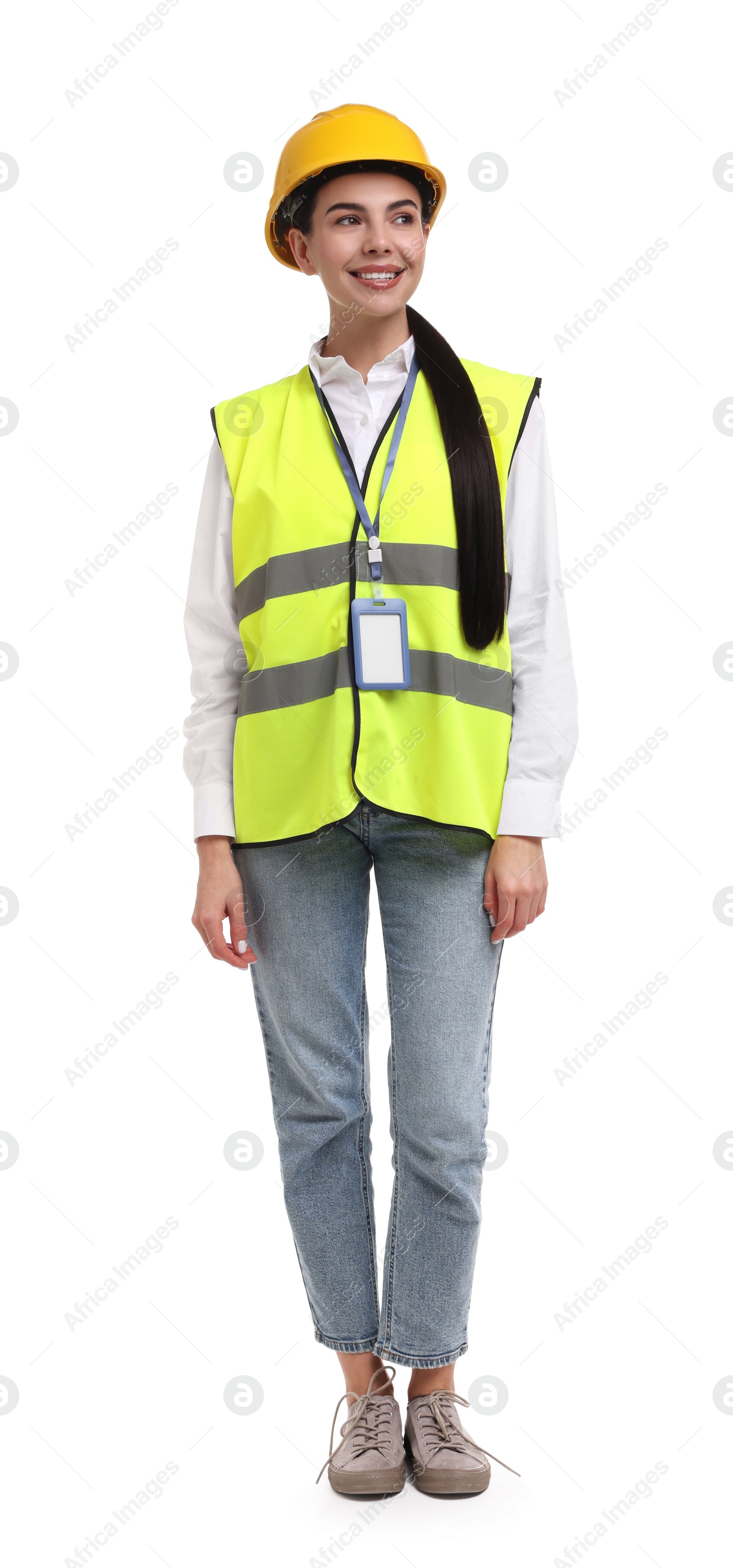 Photo of Engineer with hard hat and badge on white background