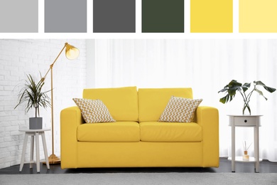Image of Color of the year 2021. Stylish room interior with yellow sofa