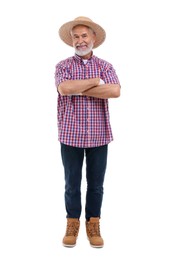 Photo of Harvesting season. Happy farmer with crossed arms on white background