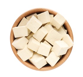 Photo of Wooden bowl with delicious tofu isolated on white, top view