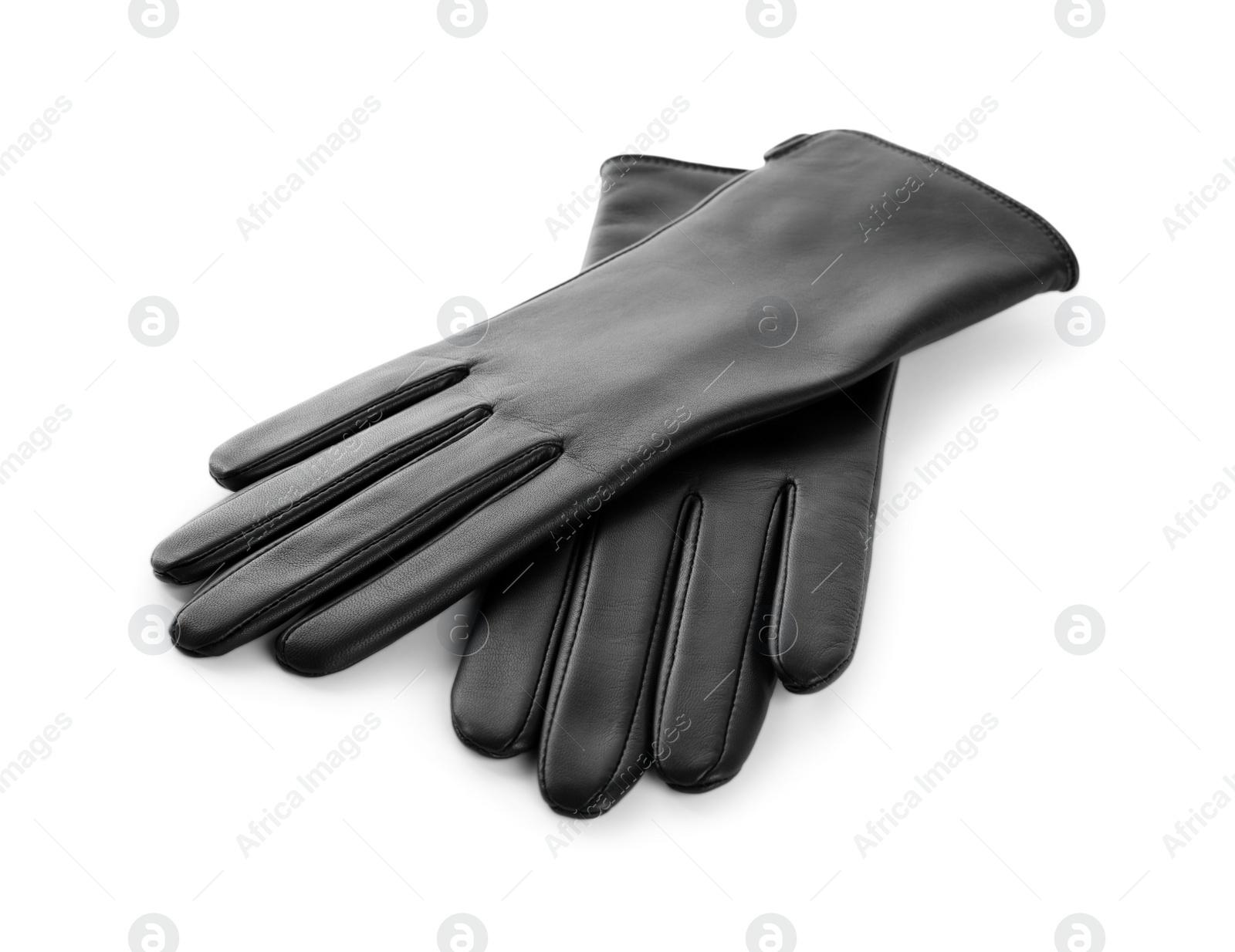 Photo of Stylish black leather gloves on white background
