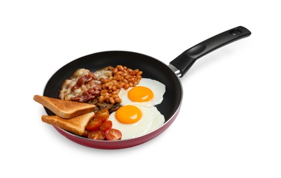 Frying pan with cooked traditional English breakfast isolated on white