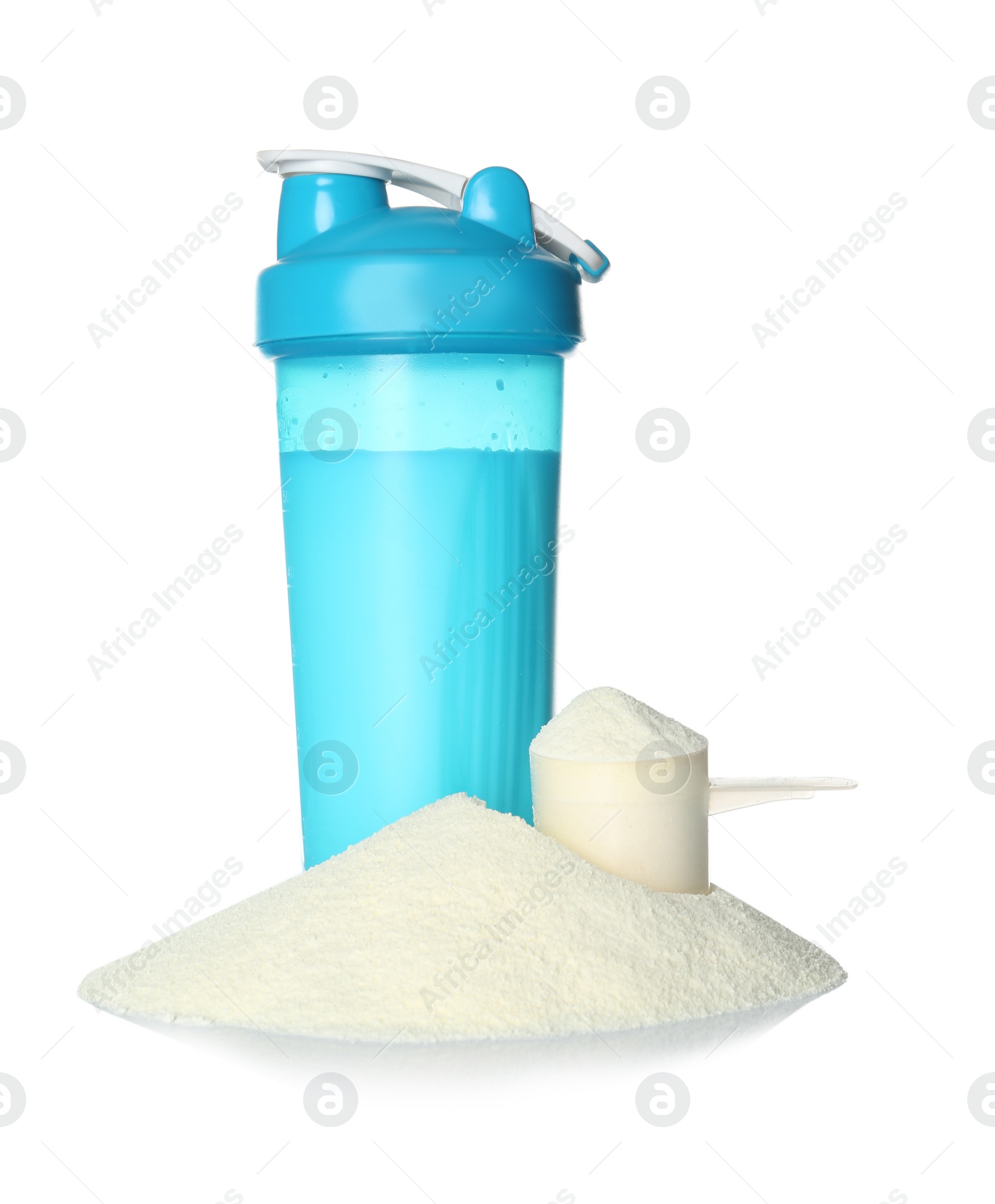 Photo of Protein shake in sport bottle and powder isolated on white