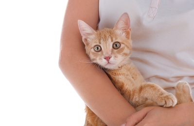 Photo of Woman with adorable cat on white background