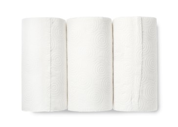 Photo of Three rolls of paper towels on white background, top view