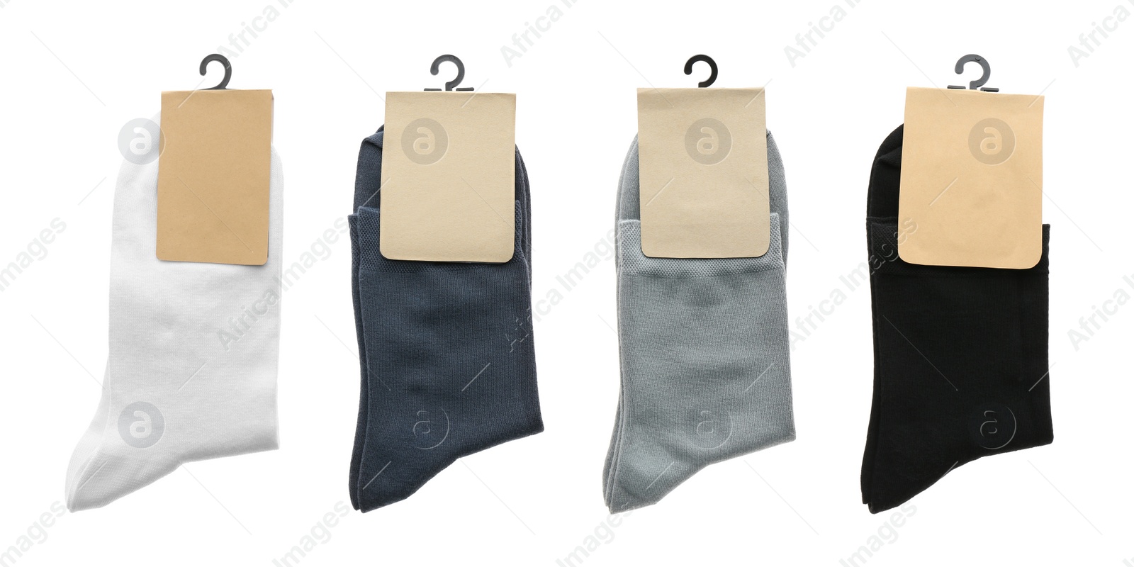 Image of Pairs of cotton socks with blank labels on white background, collage. Banner design