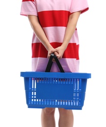 Woman with empty shopping basket isolated on white, closeup