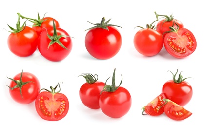 Image of Set of ripe red tomatoes on white background