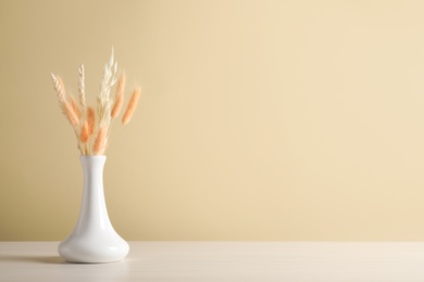 Photo of Dried flowers in vase on table against beige background. Space for text