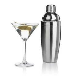 Photo of Metal shaker and Martini cocktail isolated on white
