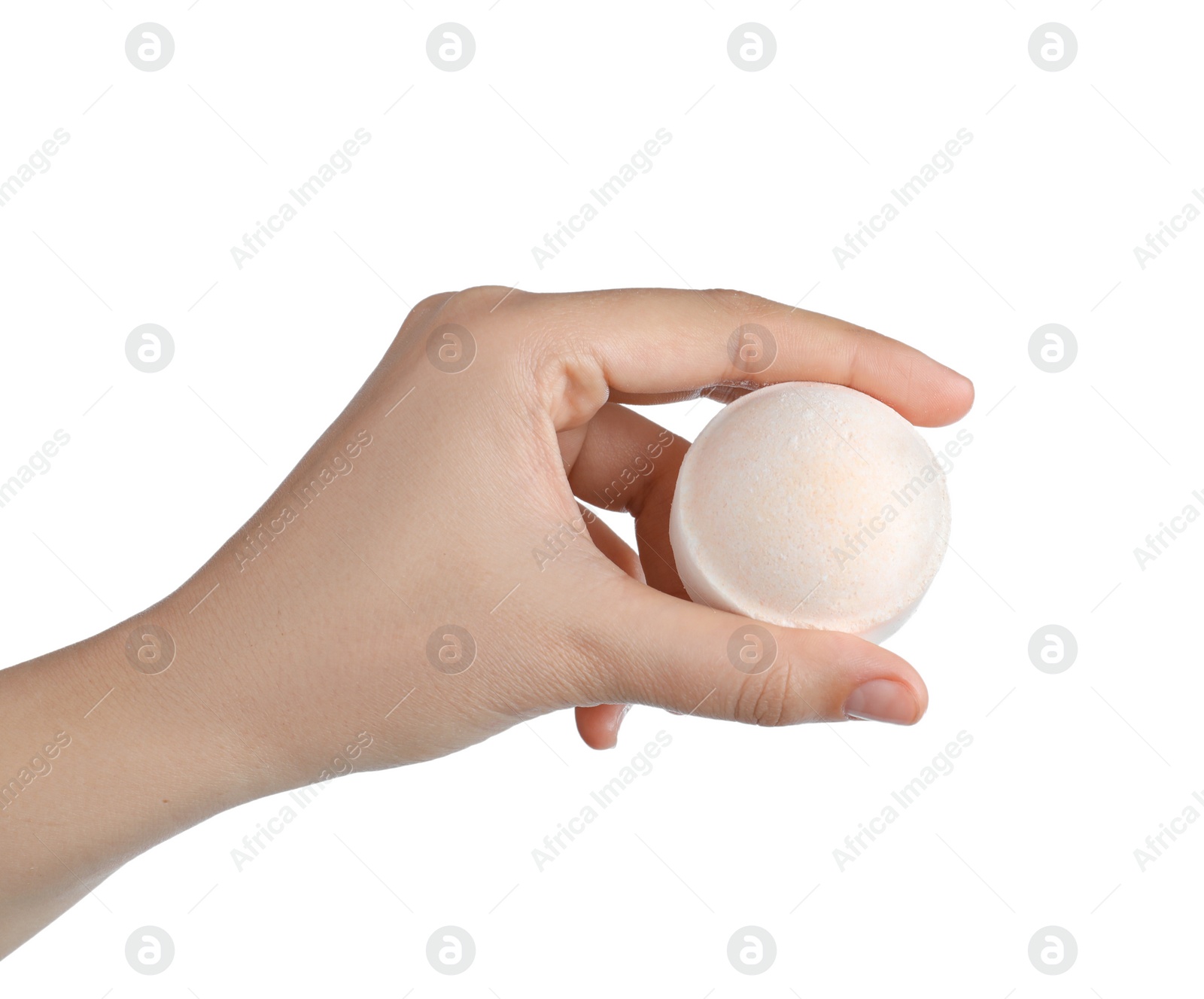 Photo of Woman holding bath bomb on white background, closeup