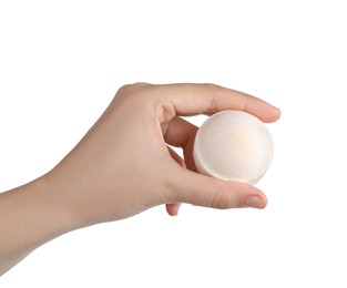 Photo of Woman holding bath bomb on white background, closeup