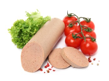 Photo of Delicious liverwurst with cherry tomatoes, lettuce and spices on white background