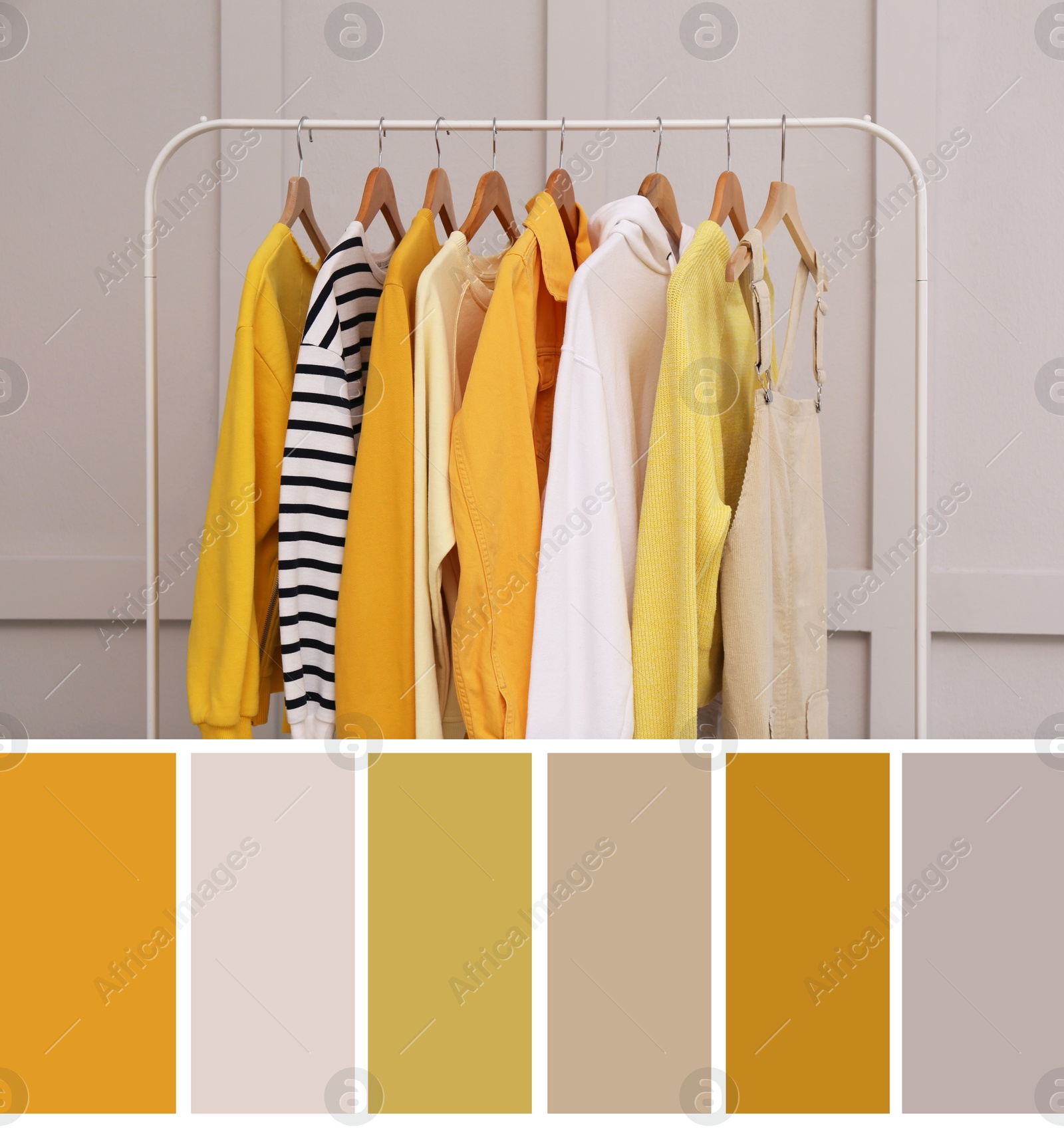 Image of Color palette appropriate to photo of stylish women's clothes on rack in room