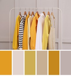 Image of Color palette appropriate to photo of stylish women's clothes on rack in room