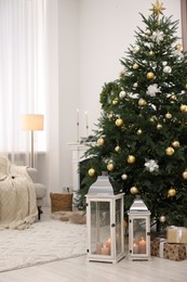 Christmas tree in furnished living room. Festive interior design