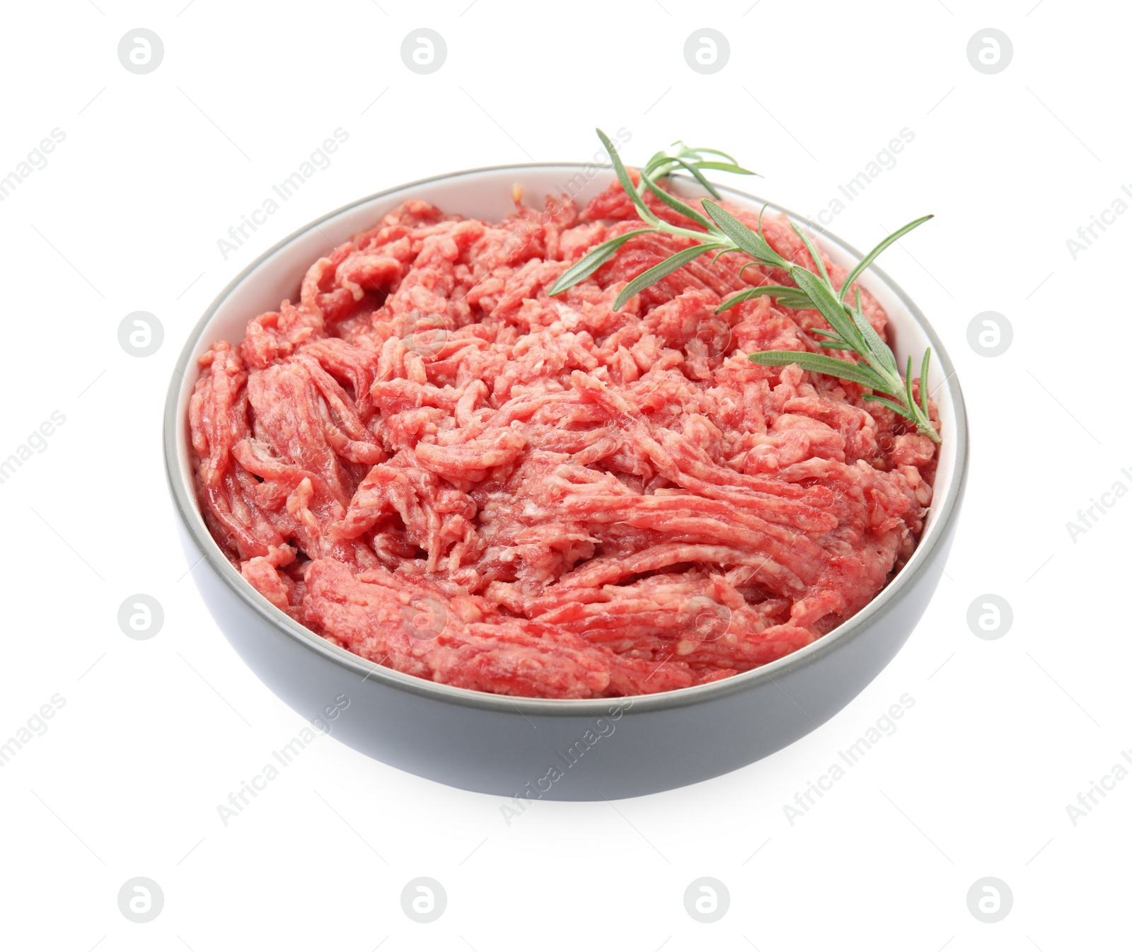 Photo of Fresh minced meat and rosemary in bowl on white background