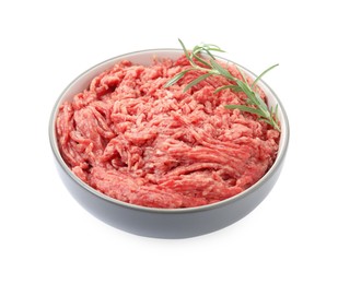 Photo of Fresh minced meat and rosemary in bowl on white background