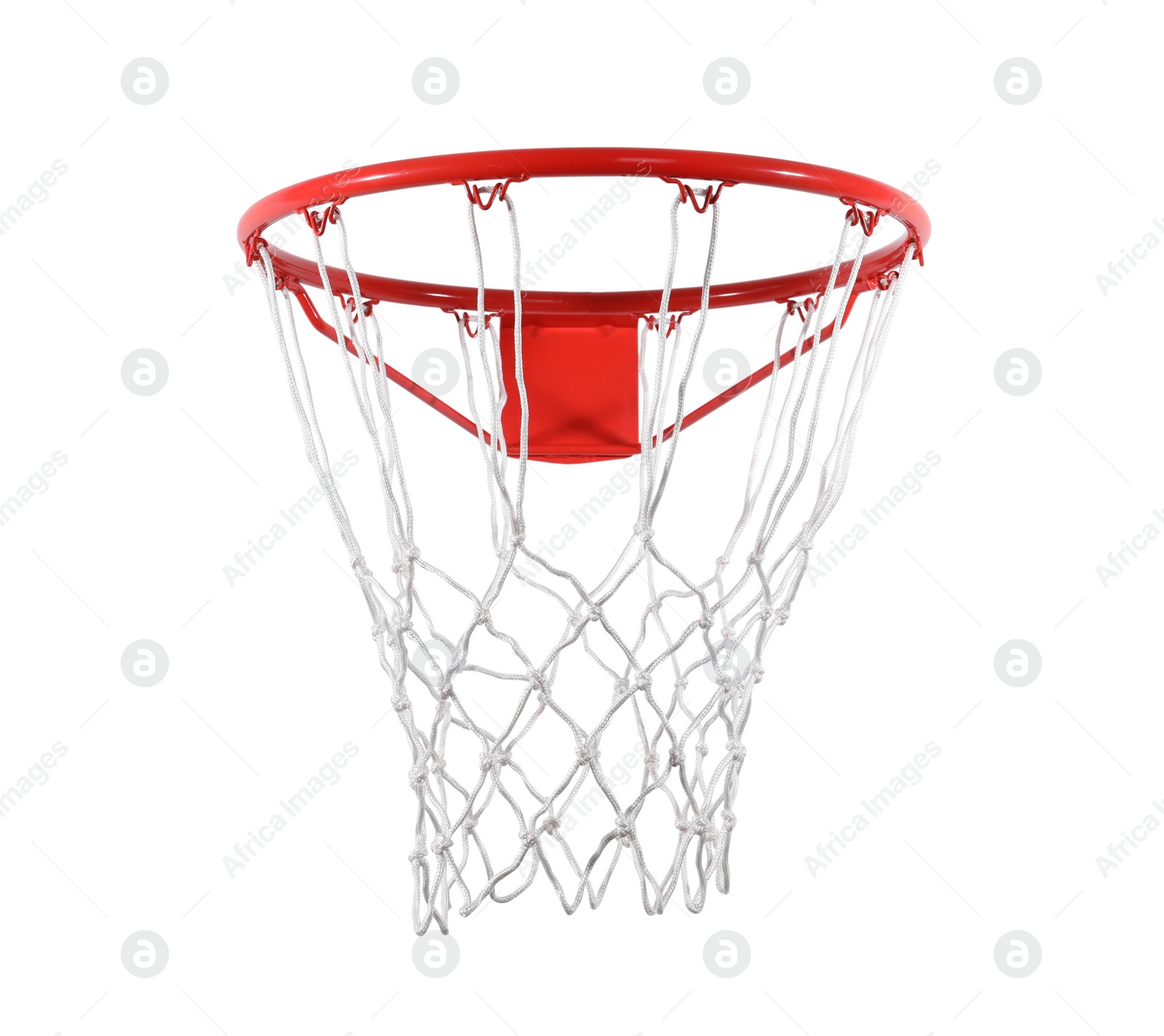 Photo of Modern red basketball hoop with net on white background