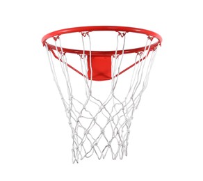Photo of Modern red basketball hoop with net on white background