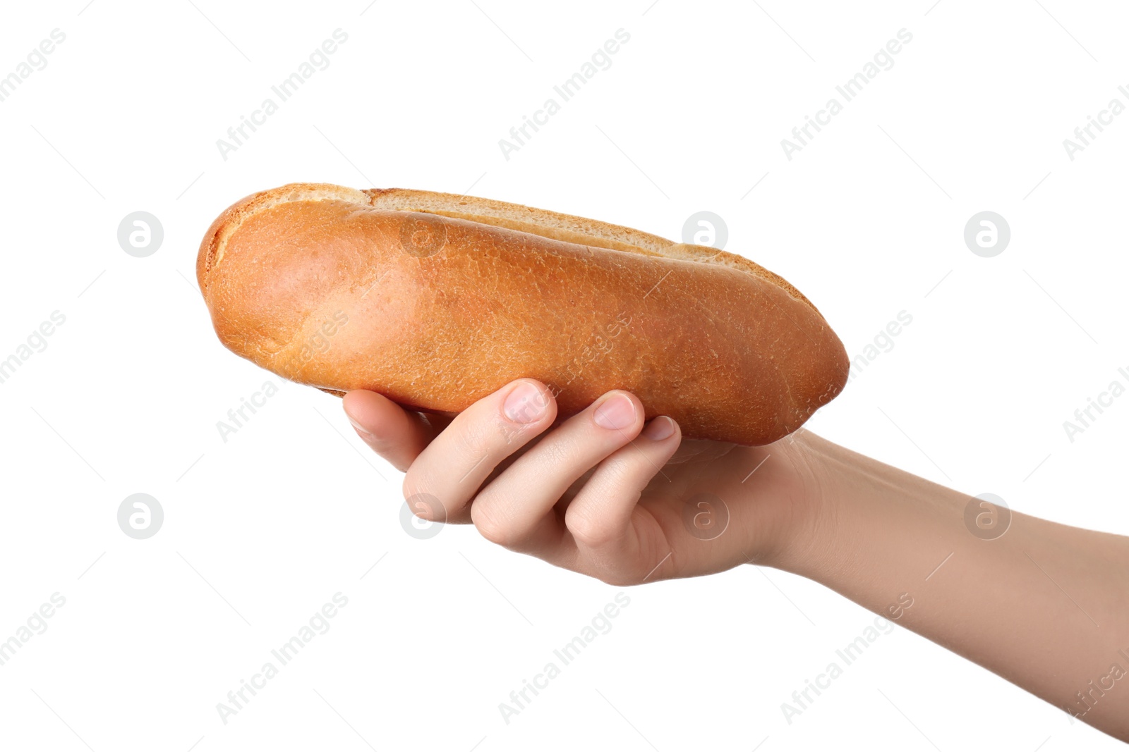 Photo of Woman with fresh hot dog bun on white background, closeup