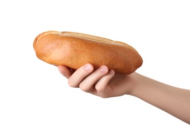 Woman with fresh hot dog bun on white background, closeup