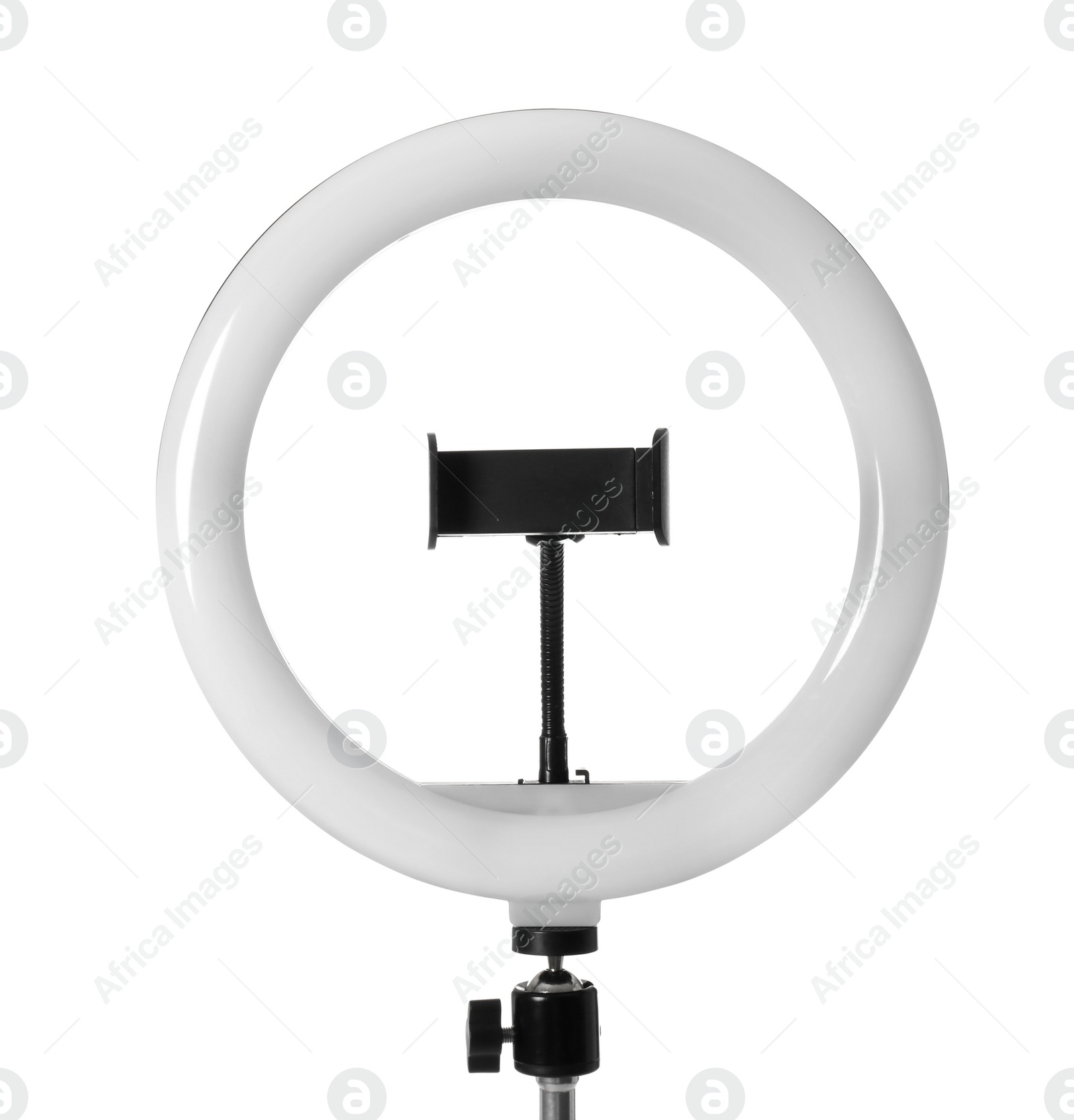 Photo of Modern ring light on stand against white background