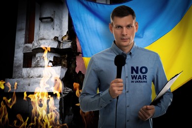 Image of Stop war in Ukraine. Journalist against Ukrainian flag and destroyed building