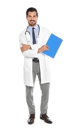 Young male doctor with clipboard on white background. Medical service