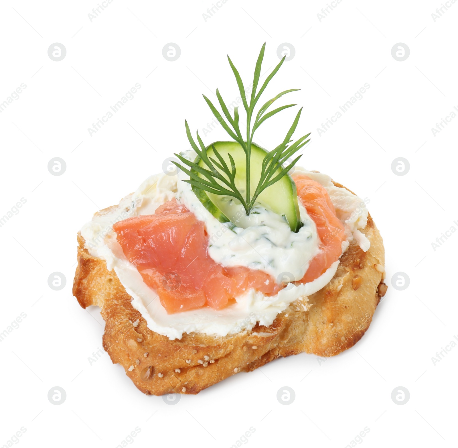 Photo of Tasty canape with salmon, cucumber, cream cheese and dill isolated on white