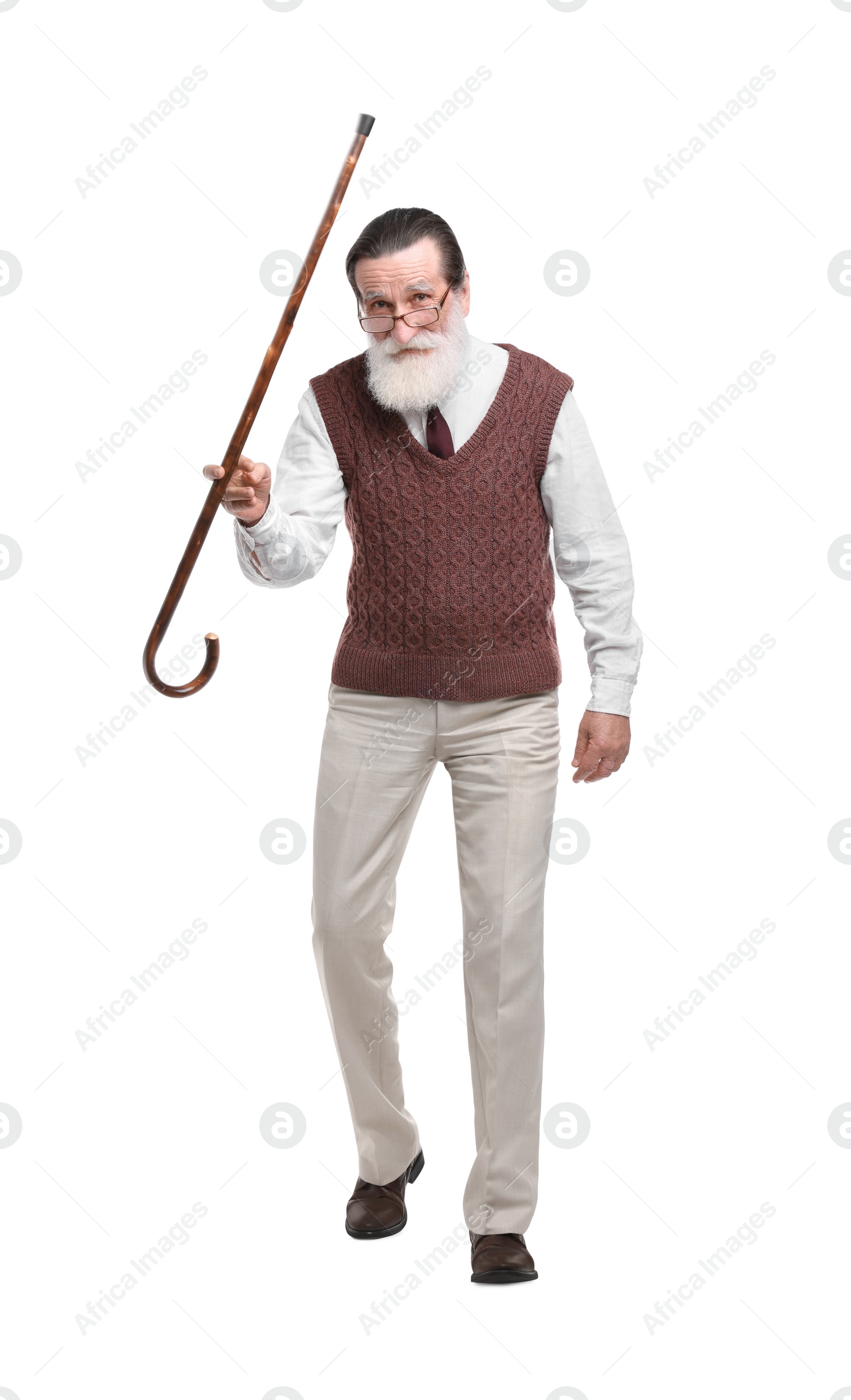 Photo of Senior man with walking cane on white background