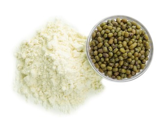 Photo of Pile of mung bean flour and bowl with seeds isolated on white, top view